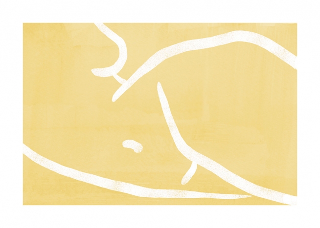  – Grafisk illustration i gult och vitt med en naken kropp som ligger på sidan