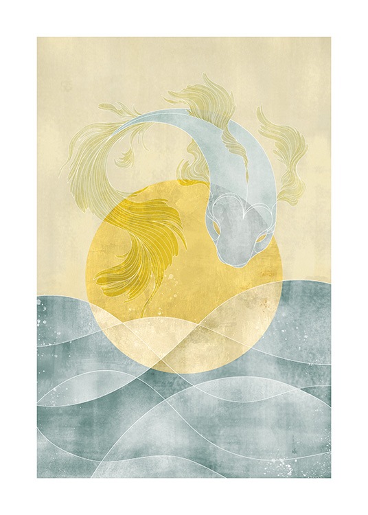  – Illustration av en fisk i blått och gult med ett hav och en sol i bakgrunden