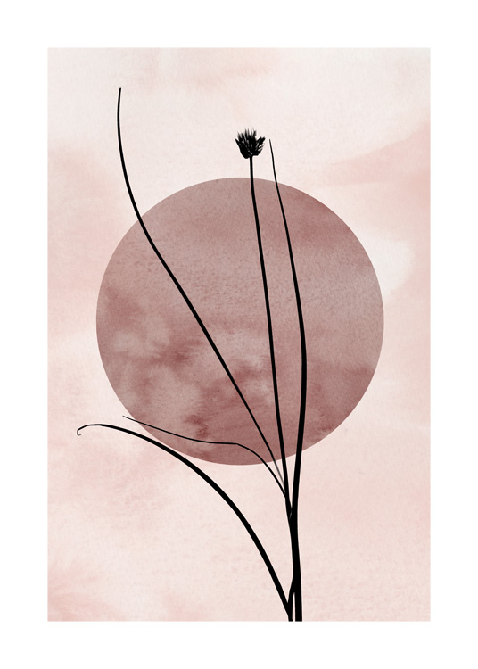  – Illustration med grässtrån i svart på en rosa bakgrund, med en mörkrosa cirkel i mitten