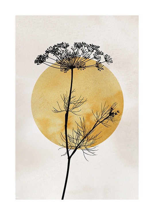  – Illustration med en mörkgul sol bakom en svart växt, på en beige bakgrund