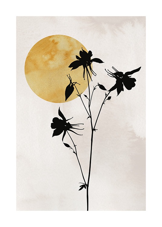  – Illustration med små, svarta blommor på en beige med en mörkgul sol i hörnet