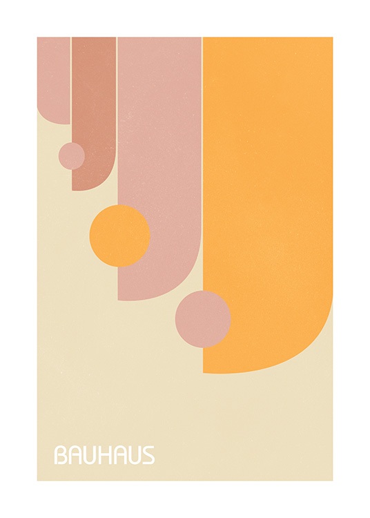  – Grafisk illustration i Bauhaus-stil med geometriska former i orange och rosa