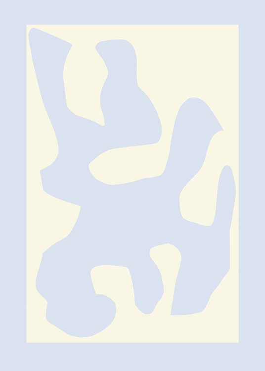  – Grafisk illustration med en ljusblå abstrakt form på en beige bakgrund, omgiven av en ljusblå kant