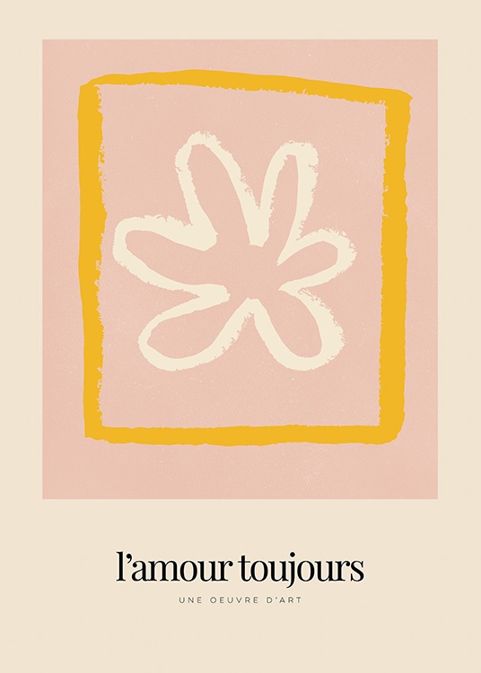  – Illustration med en vit blomma inuti en orange fyrkant på en rosa och beige bakgrund med text under