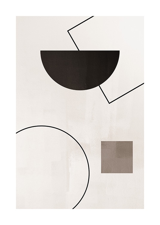  – Grafisk illustration med bruna och svarta geometriska former och linjer på en beige bakgrund