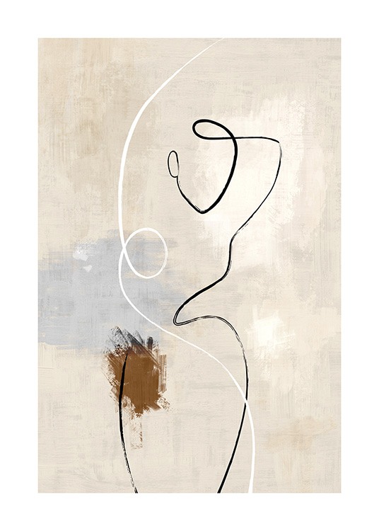  – Illustration med en kropp i svart line art på en spräcklig bakgrund i beige med blå och bruna detaljer
