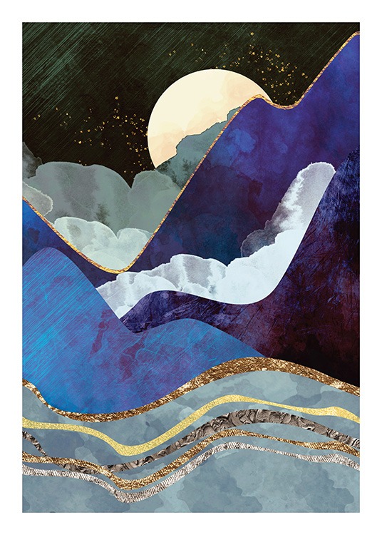  – Grafisk illustration med berg i mörkblått med guldkanter, med en måne bakom