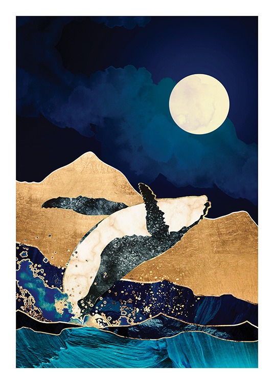  – Grafisk illustration av en måne och guldberg bakom en val som bryter vattenytan