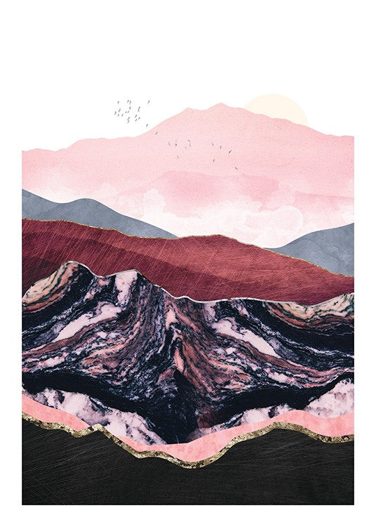  – Grafisk illustration med en flock fåglar över berg i lila, rosa och rött med guldkanter