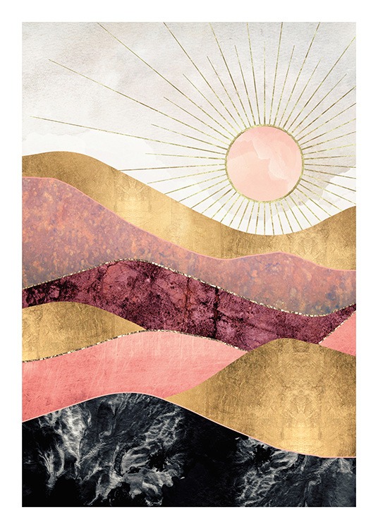  – Grafisk illustration med berg i rosa, rött och svart med guldkanter, och en sol i bakgrunden