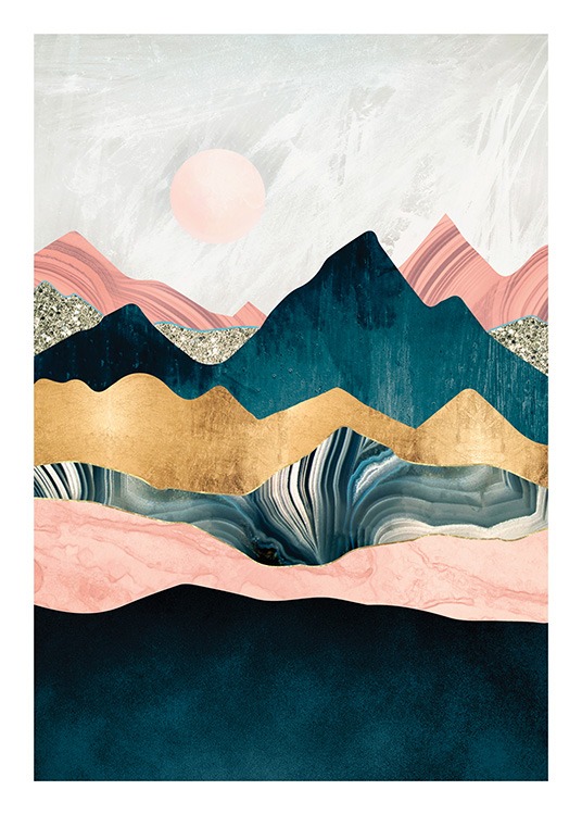  – Grafisk illustration av bergstoppar i rosa, blått och guld med en rosa sol i bakgrunden