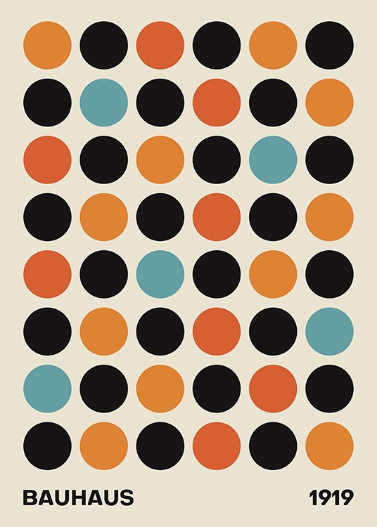  – Grafisk illustration med svarta, röda, orange och blå cirklar på en beige bakgrund