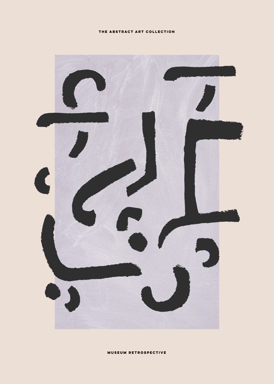 – Grafisk illustration med abstrakta former i svart på en lila och beige bakgrund