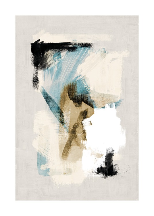  – Målning med abstrakta penseldrag i vitt, blått, beige och svart, på en beige bakgrund