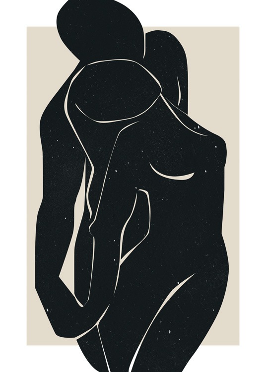  – Grafisk illustration av två nakna kroppar i svart, med små vita fläckar, mot en beige bakgrund