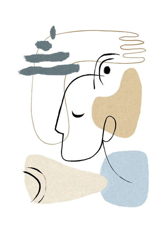  – Illustration med abstrakta former i blått och beige, och en hand och ett ansikte i line art på en vit bakgrund