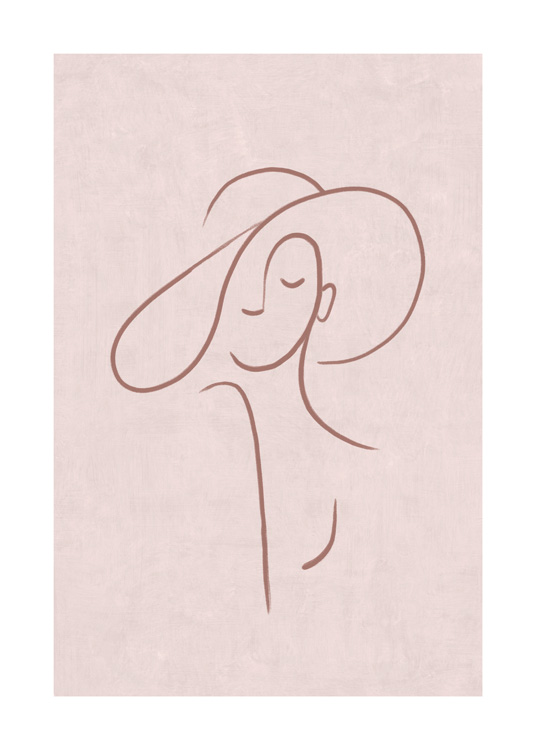  – Illustration i line art av en kvinna som bär en hatt mot en rosa, spräcklig bakgrund