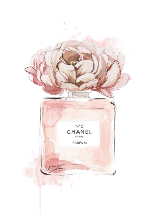  – Målning i akvarell av en parfymflaska i rosa med en rosa blomma ovanpå