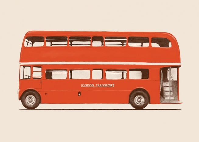  – Illustration av en London-buss, en röd dubbeldäckare, mot en ljusrosa bakgrund