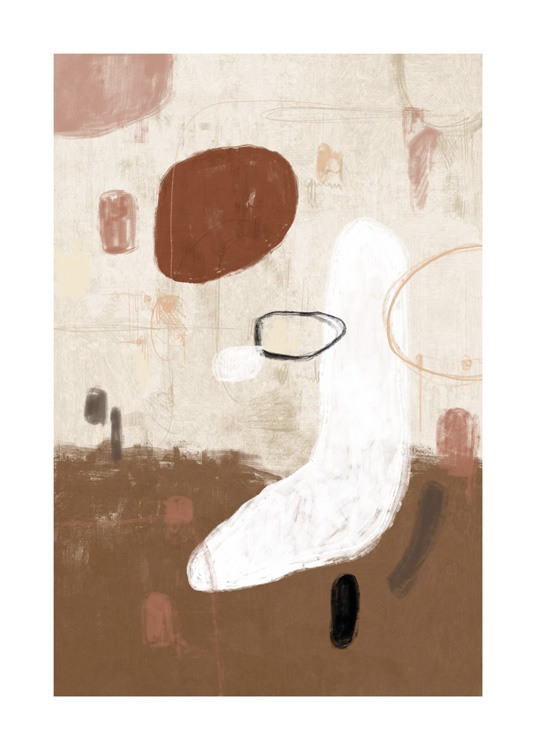  – Abstrakt målning med figurer i vitt, brunt och rosa på en beige bakgrund