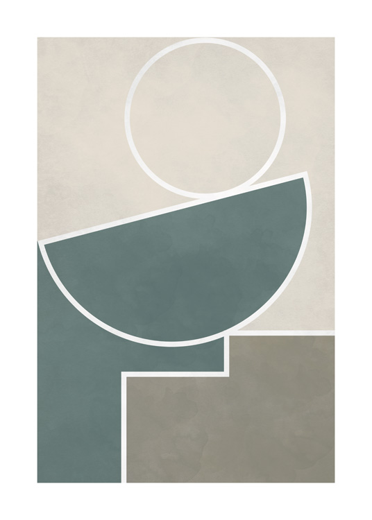  – Grafisk illustration med gröna, bruna och beige geometriska former, avgränsade med vita linjer