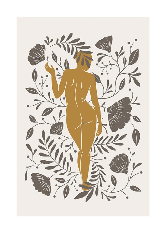  – Grafisk illustration av en orange, naken kvinna sedd bakifrån, omgiven av bruna blommor och blad