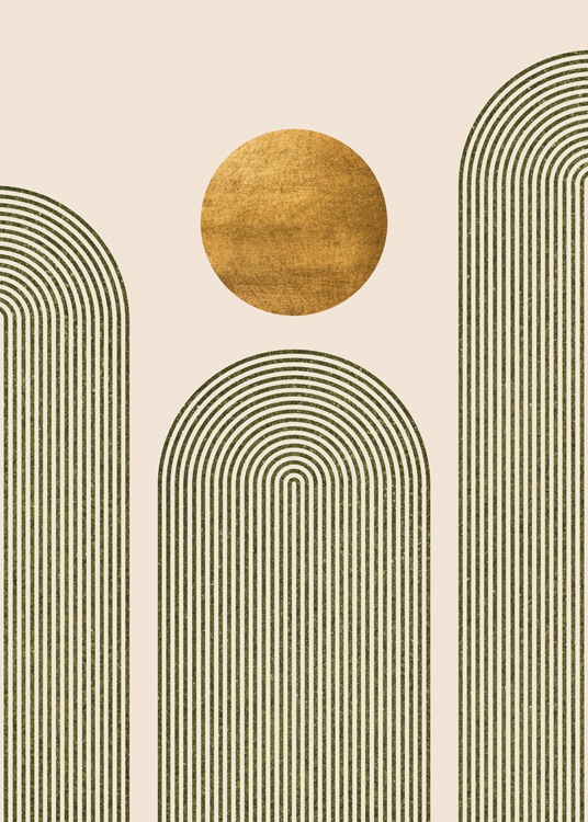 – Grafisk illustration med en gyllene cirkel och tre gröna bågar mot en beige bakgrund