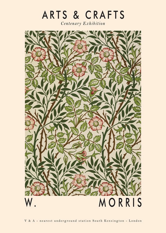  – Illustration med ett mönster av gröna blad och röda blommor mot en beige bakgrund