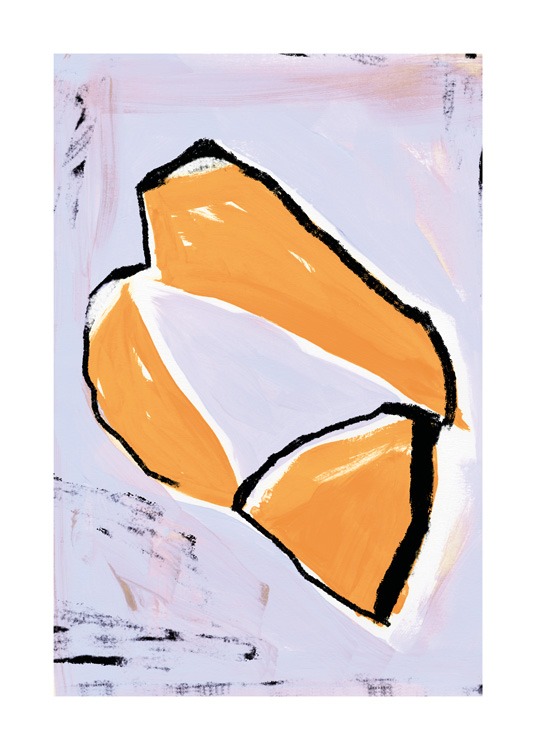  – Illustration med en abstrakt form i orange, med konturer i svart och vitt på en lila bakgrund