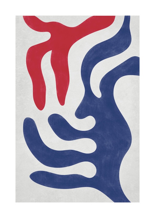  – Abstrakt, grafisk illustration med former i rött och blått på en ljusgrå bakgrund