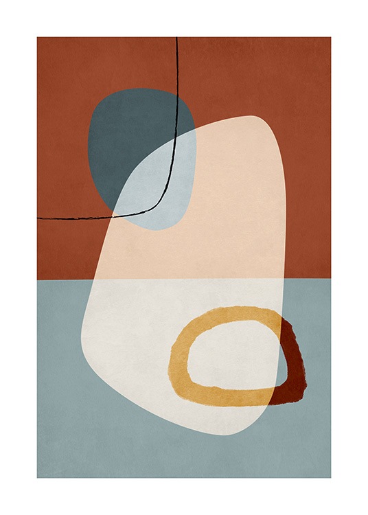  – Abstrakt, grafisk illustration med former i mörkt orange och blått