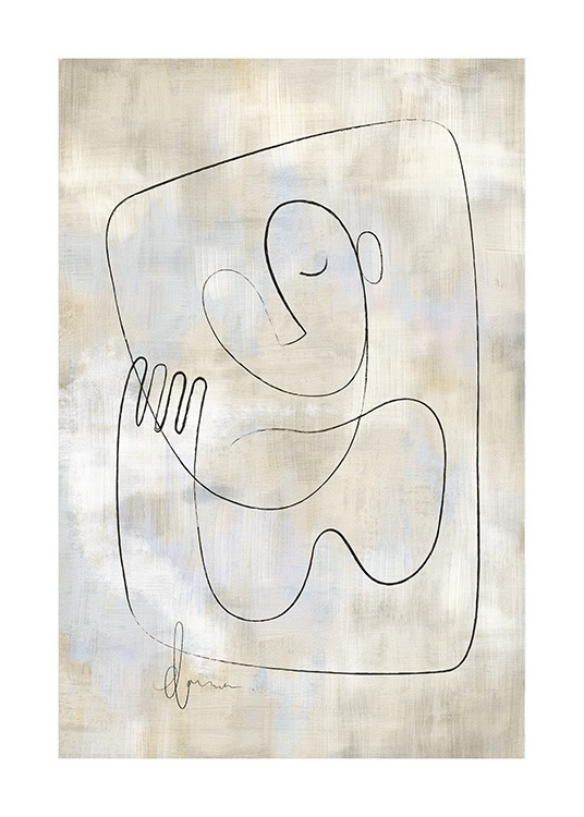  – Illustration i svart line art av en hand och ett ansikte på en blå och beige bakgrund