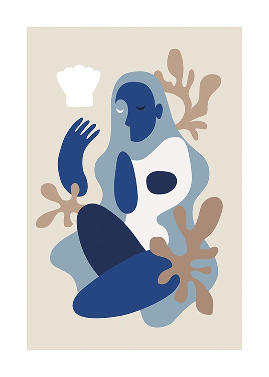  – Grafisk illustration av en abstrakt kropp i vitt och blått mot en beige bakgrund