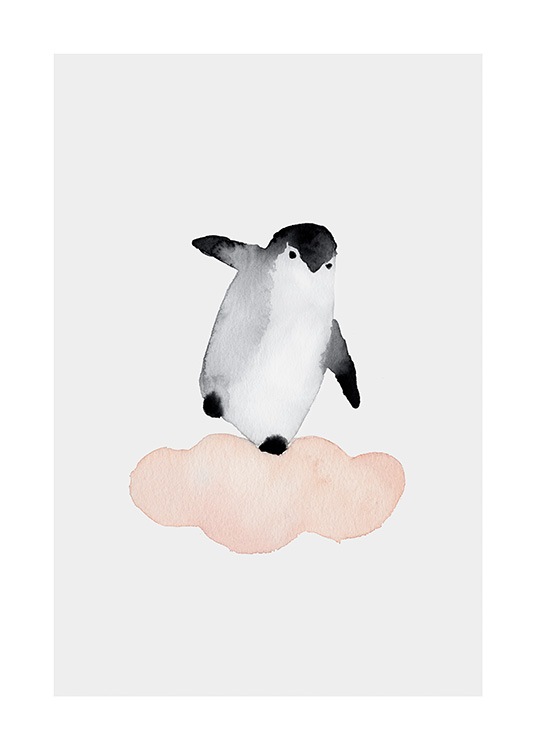  – Akvarell av en pingvin som balanserar på ett rosa moln, mot en ljusgrå bakgrund
