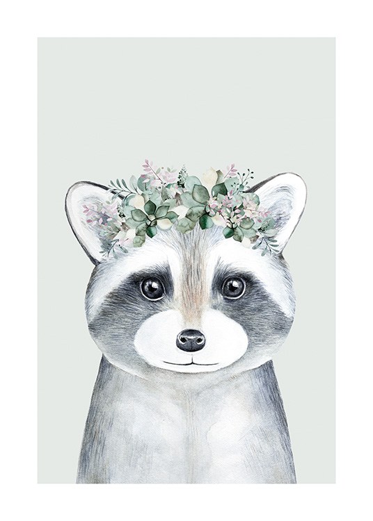  – Illustration av en grå tvättbjörnsunge med en blomsterkrona, mot en ljusgrön bakgrund