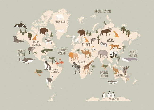  – Grafisk illustration av djur på en beige världskarta, mot en grå bakgrund