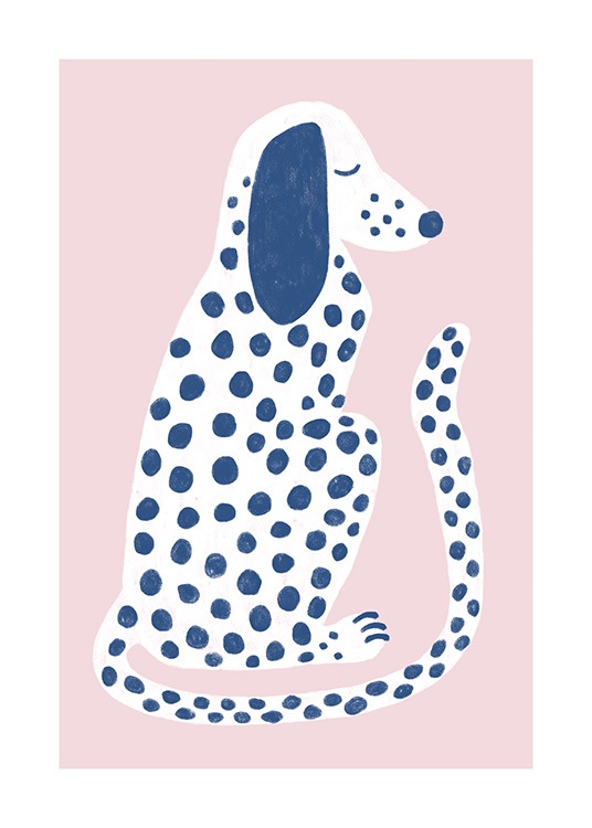  – Grafisk illustration av en prickig hund i vitt med blå fläckar, mot en rosa bakgrund