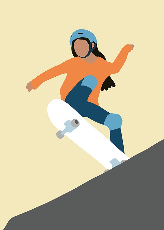  – Grafisk illustration av en flicka som åker på en skateboard iklädd en blå hjälm och orange tröja