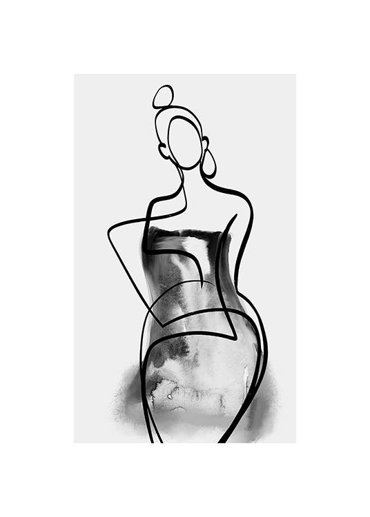  – Line art-akvarell av en kvinna i en klänning, mot en ljusgrå bakgrund