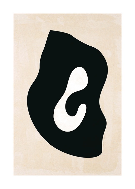  – Grafisk illustration med en abstrakt form i svart med en vit form i mitten, på en ljusbeige bakgrund