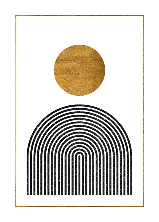  – Grafisk illustration med en guldcirkel ovanför ett svart valv, mot en vit bakgrund