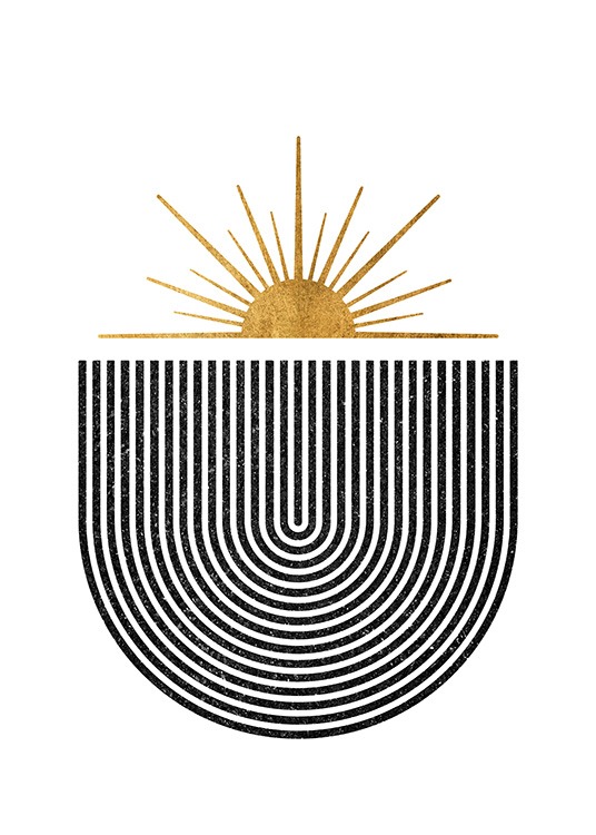  – Grafisk illustration med en sol i guld som stiger upp över ett svart valv