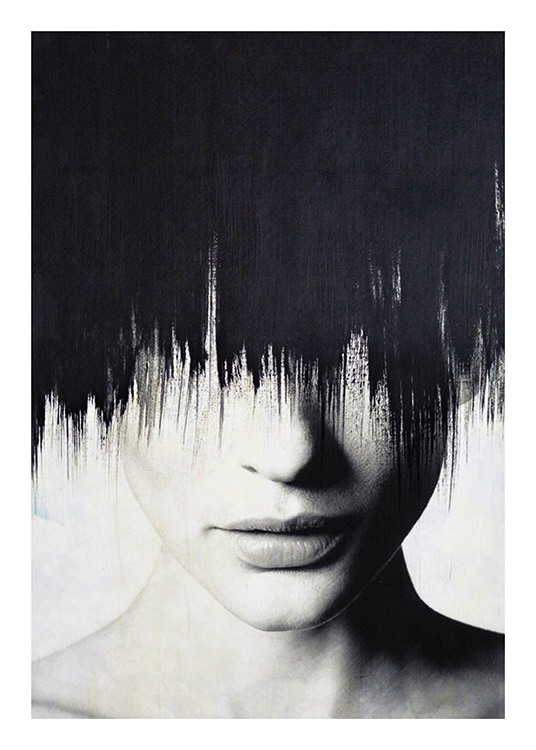  – Svartvitt fotografi av en kvinnas hals och läppar, med ansiktet täckt av svart färg
