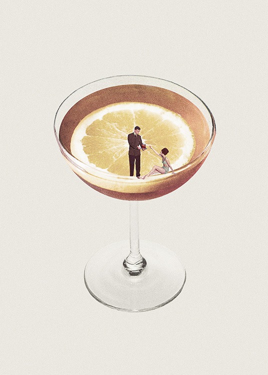  – Grafisk illustration av en citron i ett cocktailglas, med en man och en kvinna på glasets kant