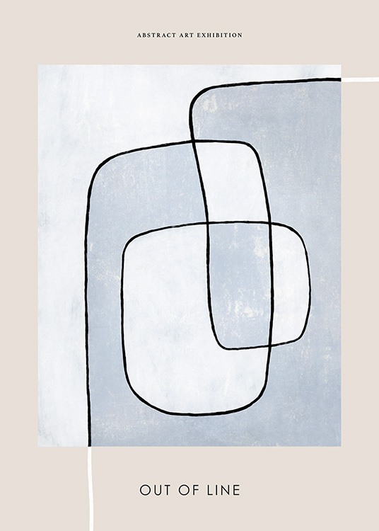  – Målning med en abstrakt, svart linje på en blå och beige bakgrund, med text längst upp och längst ned
