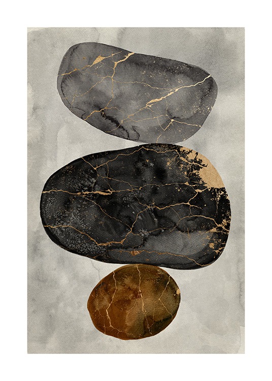  – Akvarell av grå och bruna stenar med sprickor i guld, mot en ljusgrå bakgrund