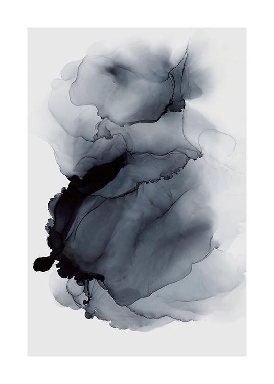  – Målning med abstrakt bläck i svart som flyter ut mot en ljusgrå bakgrund