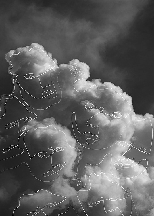  – Svartvitt fotografi av moln som är täckta av abstrakta ansikten i vit line art