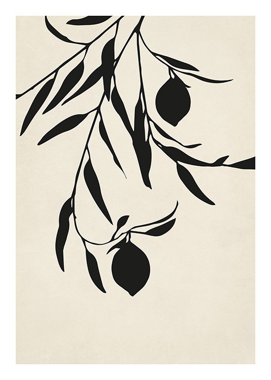  – Grafisk illustration av svarta löv, citroner och grenar mot en beige bakgrund