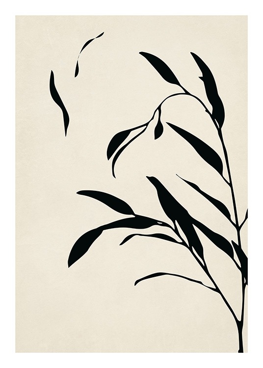  – Grafisk illustration av svarta grenar med svarta löv, på en beige bakgrund